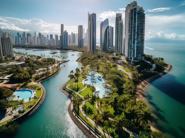 Palm-lined waterfront park and pools beside high-rise towers and the sea