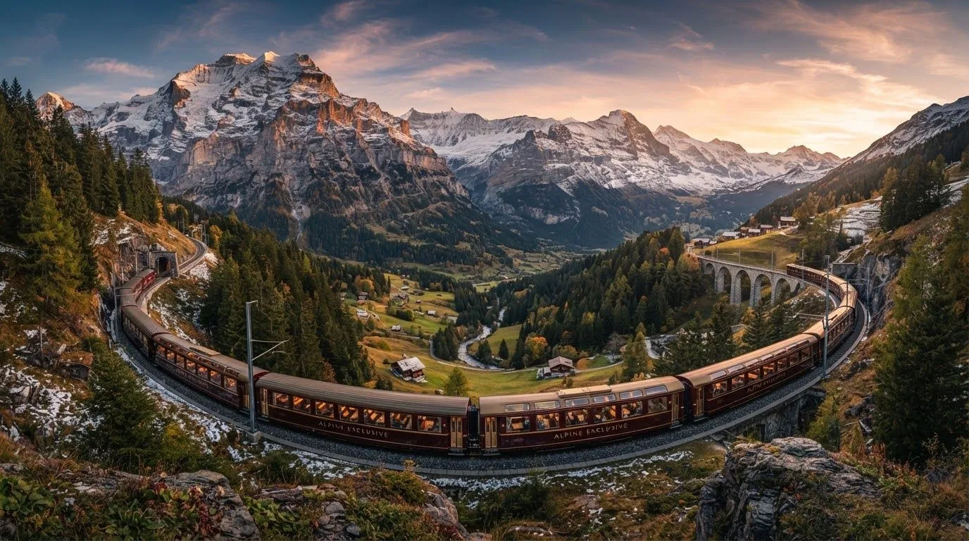Train winding through snow-dusted Swiss mountains