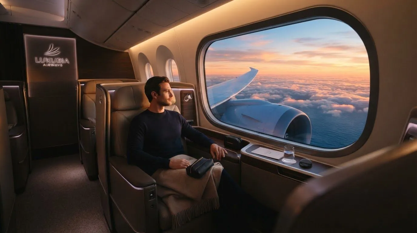 Aircraft cabin window over golden sunrise clouds