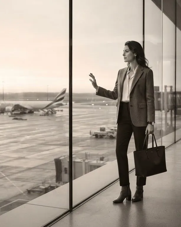 Traveler looking out at a plane from the terminal