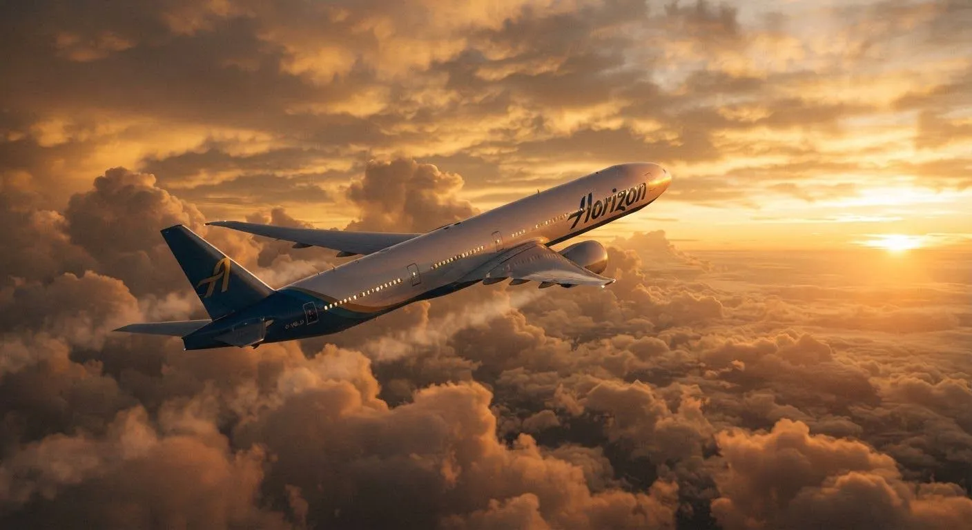 Passenger jet climbing through golden-hour clouds
