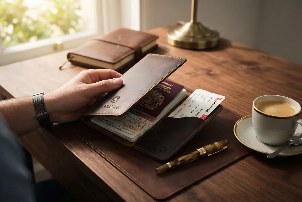 Passport holder with visas and boarding passes on a wooden desk