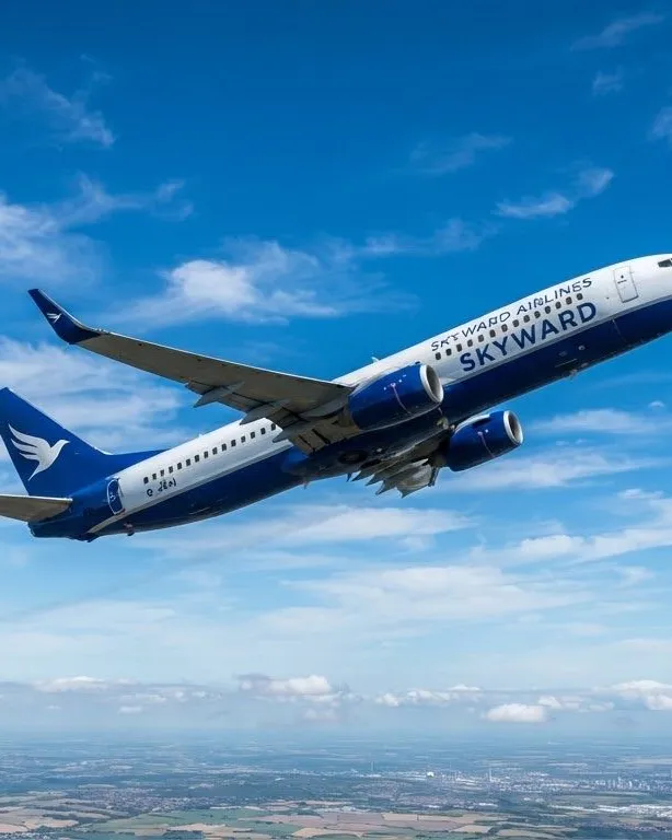 Passenger jet climbing into a blue sky